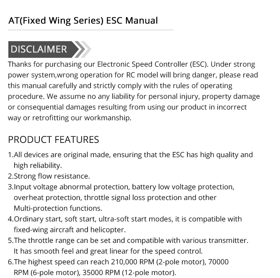 T-MOTOR AT Series ESC, AT(Fixed Wing Series) ESC manual: under strong power system,w