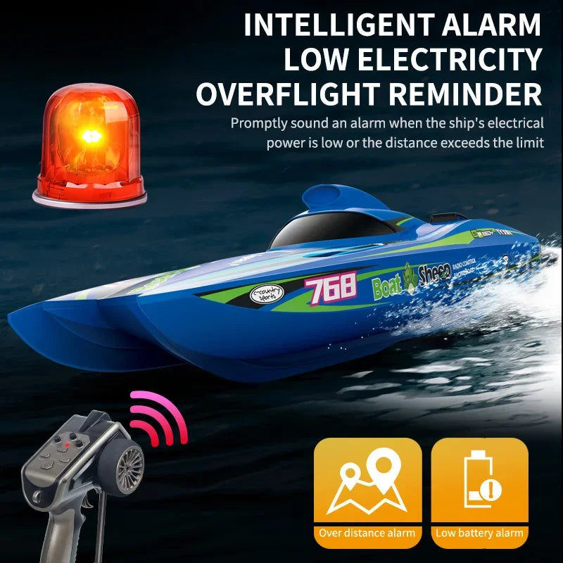JIKEFUN TX768 RC Boat, High-speed remote control speedboat with intelligent low-battery and overflight alarms, 2.4G control, brushless motor, water-cooled ESC, reaching 30 km/h and 250–300 m range.