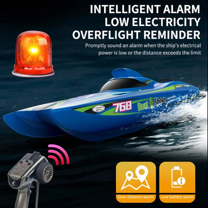 JIKEFUN TX768 RC Boat, High-speed remote control speedboat with intelligent low-battery and overflight alarms, 2.4G control, brushless motor, water-cooled ESC, reaching 30 km/h and 250–300 m range.