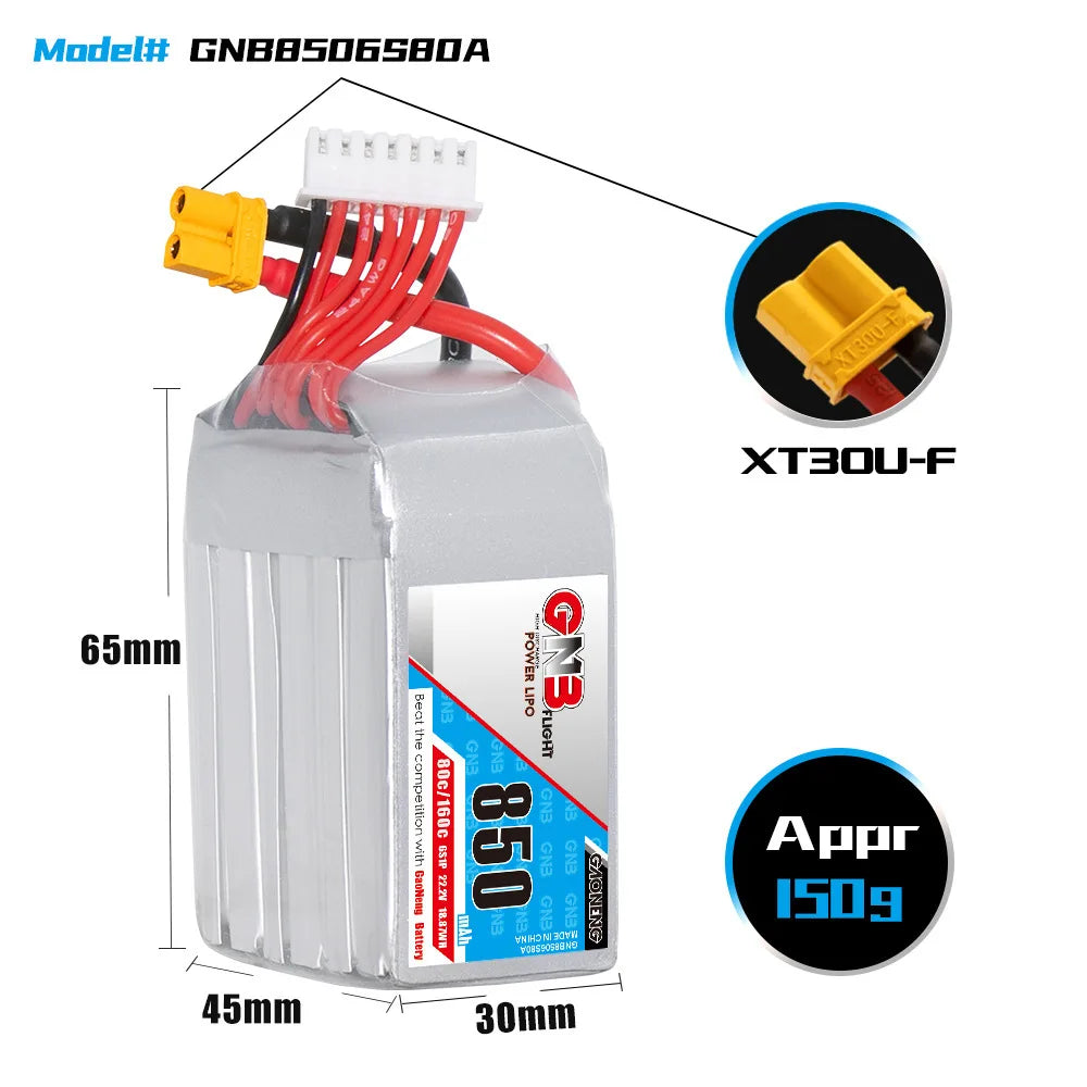 GaoNeng GNB 2S 3S 4S 6S 850mAh 80C LiPo Battery, LiPo battery for FPV drones, 850mAh, 80C discharge rate, measures 65mm x 45mm x 30mm.