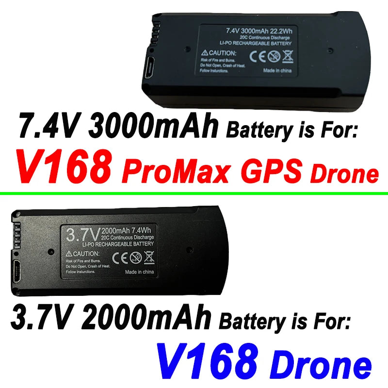 Original V168 Drone Battery, A drone battery with specifications: 7.4V and 3000mAh (2000mAh), part of the V168 Pro Max drone accessories.