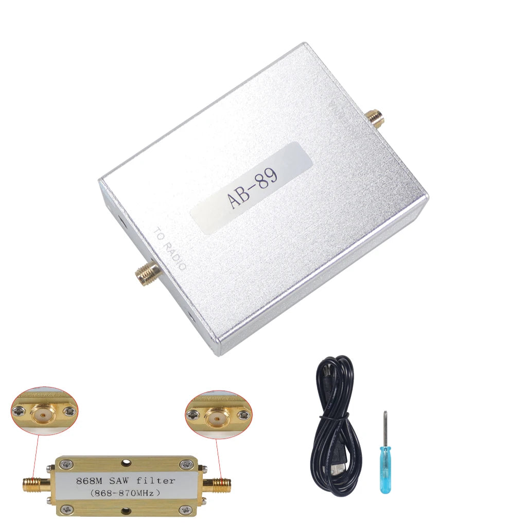 Amplifies bi-directional signals in 850-930 MHz range with 868MHz SAW filter.