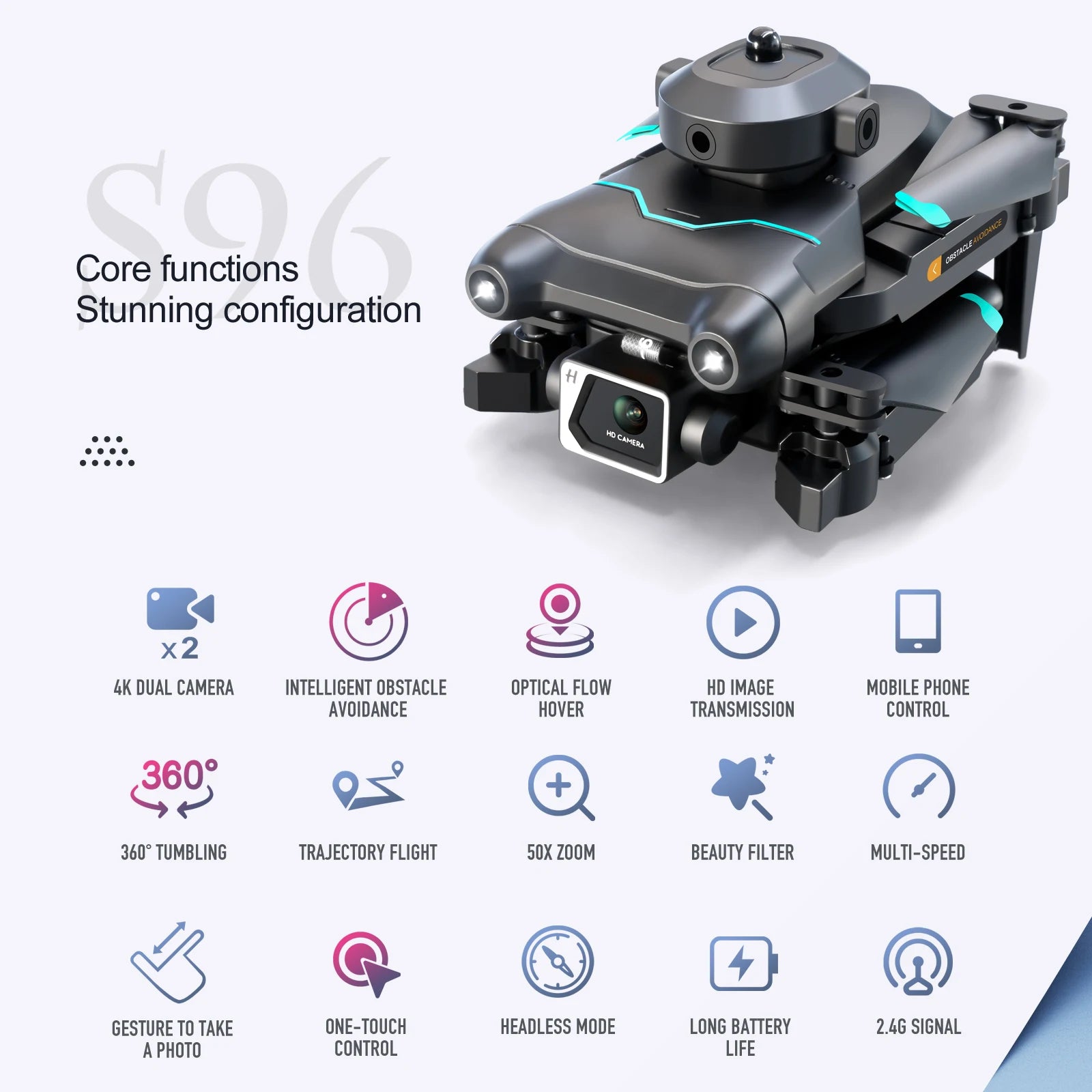 2024 New S96 Mini Drone - Professional 4K 360° Obstacle Avoidance Air Pressure Fixed Height Professional Foldable Quadcopter Toys 22 do core functions stunning configuration x2 4k dual camera intelligent obstacle