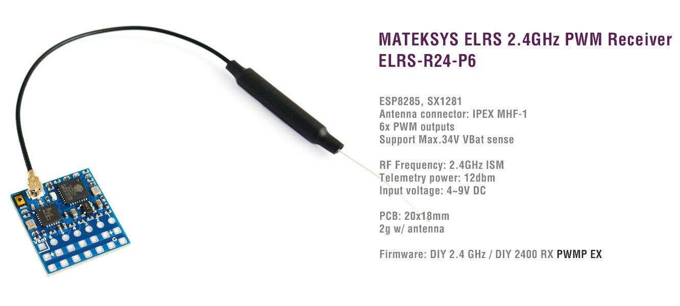 MATEK  R24-P6, MATEKSYS ELRS 2.4GHz PWM Receiver ESP8285 