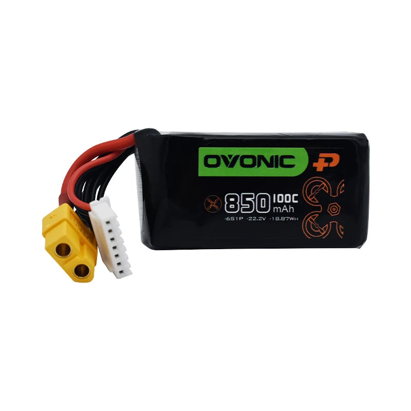 Ovonic 4s/6s 14.8V/22.2V 850mAh 100C LiPo Battery, Ovonic LiPo batteries for remote control toys and airplanes, with specifications including voltage, capacity, and certification.