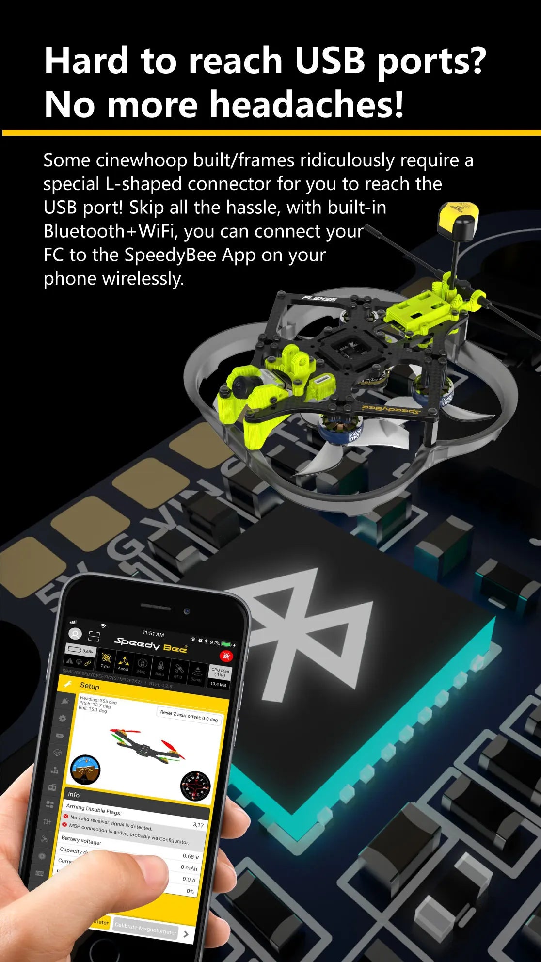with built-in Bluetooth+WiFi, you can connect your FC to the Speedy