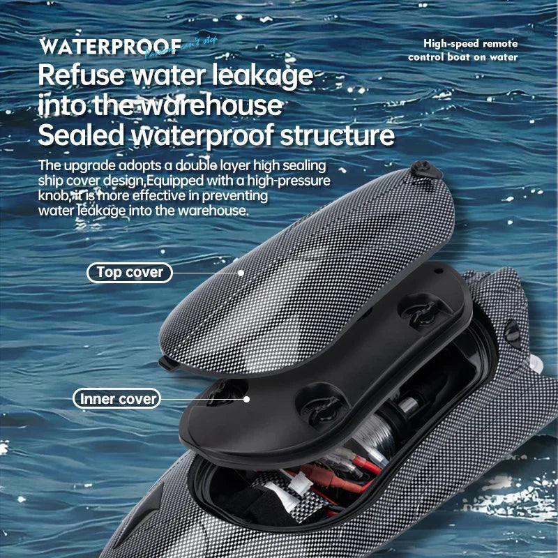 RC Boat, Waterproof sealed design with double-layer cover and high-pressure knob protects RC boat from water leakage effectively.