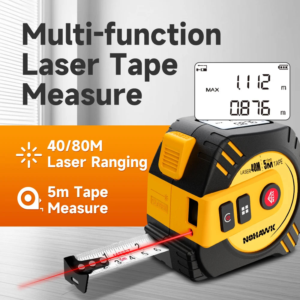 Nohawk multi-function laser tape measure offers 40/80M ranging, 5M tape, USB charging, and LCD display.