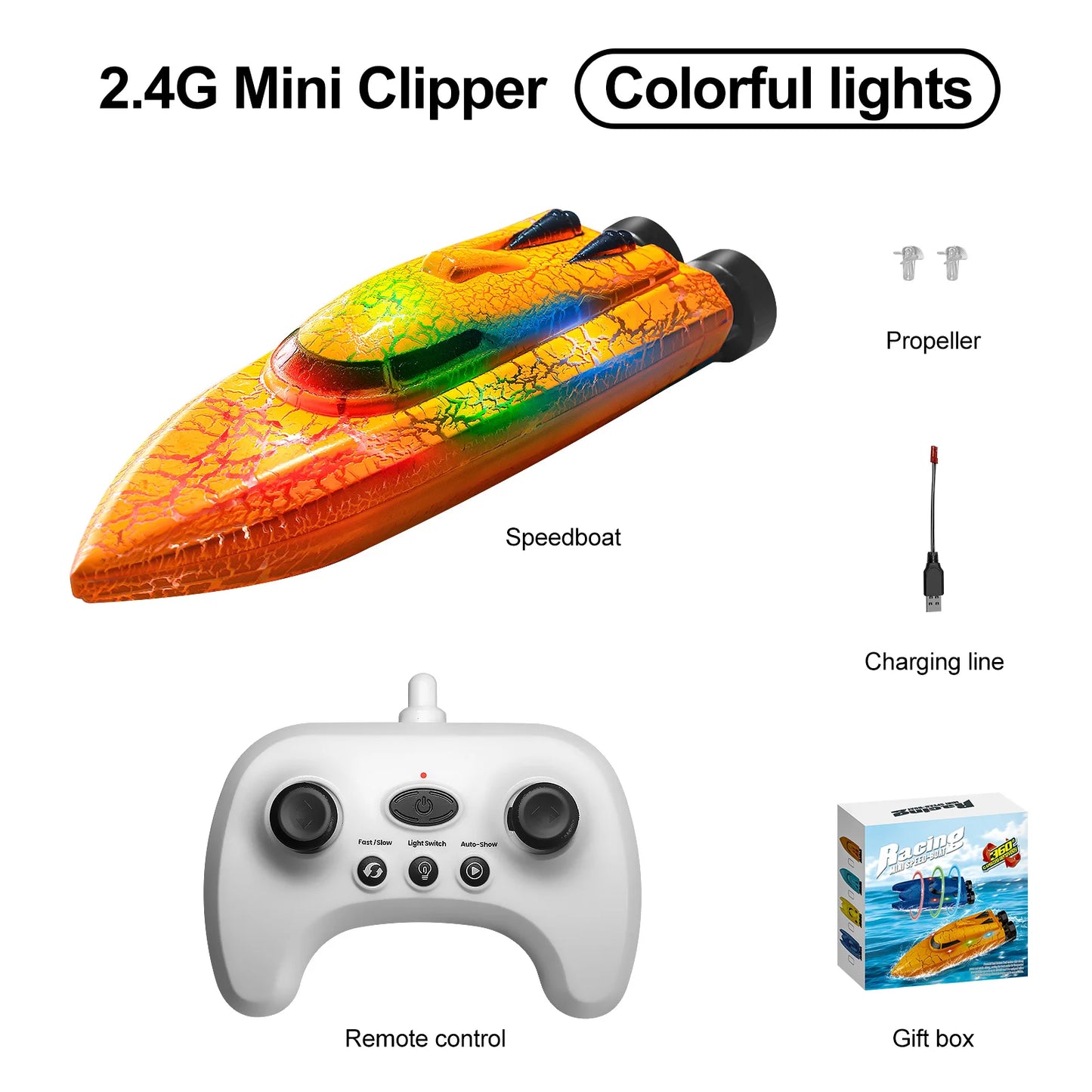 Mini Remote Controlled Boat, A 2.4G mini clipper featuring colorful lights, remote control, propeller, charging cable, and gift box—compact, fun, and ideal for gifting.