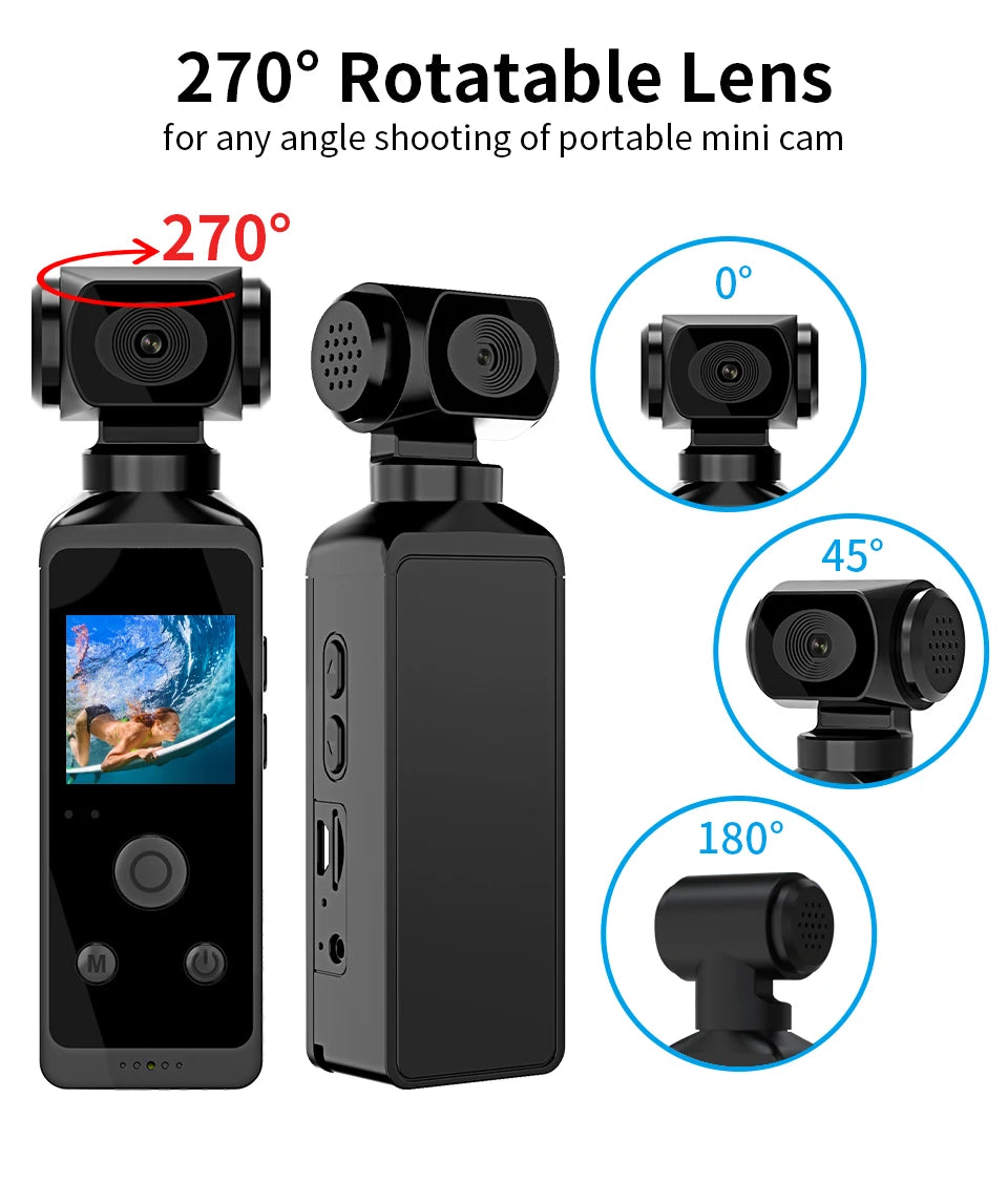 4K Ultra HD Pocket Action Camera, 270* Rotatable Lens for any angle shooting of portable mini cam 22708