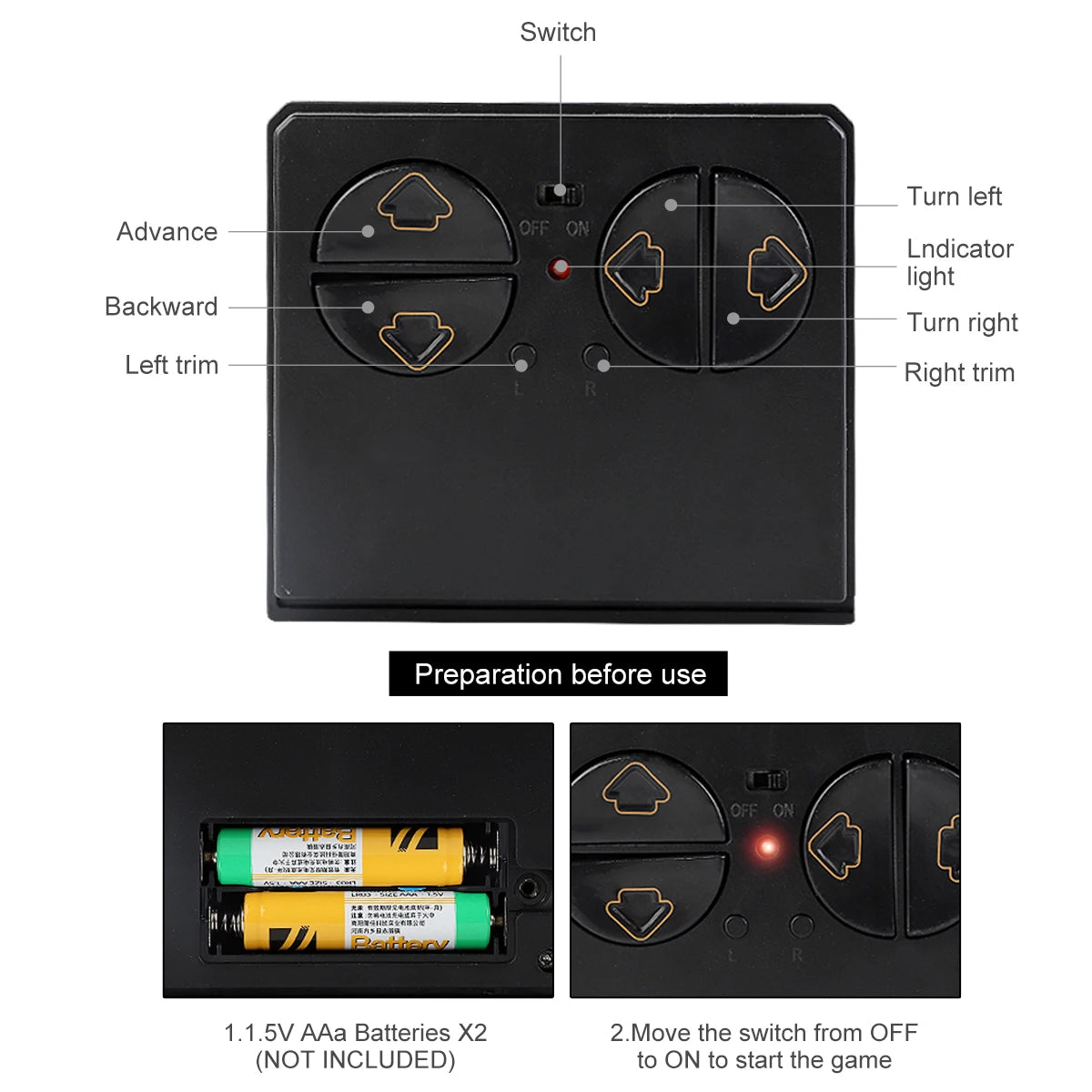 NEUSNEY Mini RC Submarine Toy RC Boat, Remote control features directional buttons, switch, and indicator light; requires two 1.5V AA batteries (not included); turn switch to ON to operate.