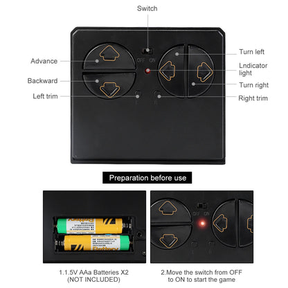 NEUSNEY Mini RC Submarine Toy RC Boat, Remote control features directional buttons, switch, and indicator light; requires two 1.5V AA batteries (not included); turn switch to ON to operate.