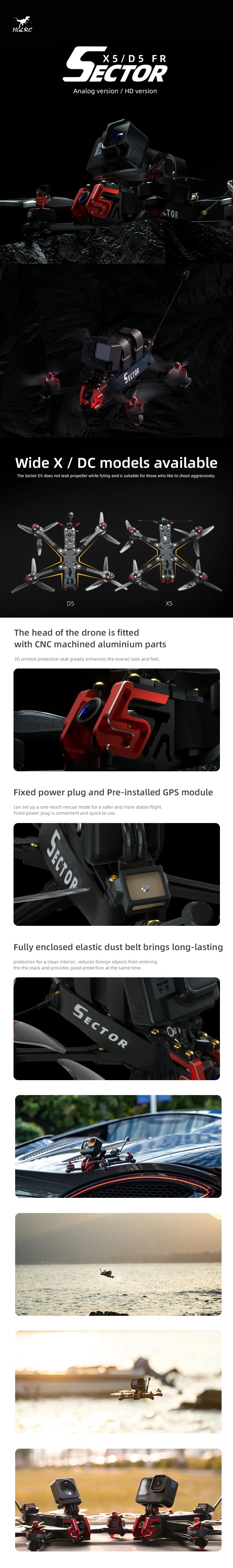 HGLRC Sector X5 FPV Racing Drone Analog Version - 2306.5 6S Caddx Ratel 2 F722 WITH GPS For RC FPV Quadcopter Freestyle Drone 5 HGLRC Sector X5 FPV Racing Drone Analog Version, the head of the drone is fitted with CNC machined aluminium parts 3D printed protective seat