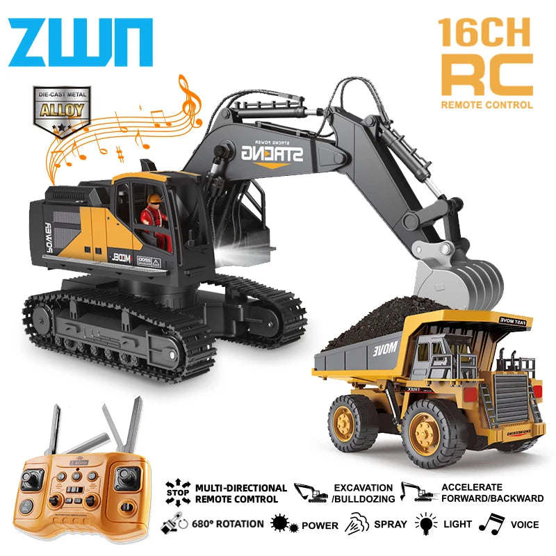ZWN 16CH RC excavator features alloy body, lights, music, smoke, 2.4G remote, 30–50m range, 680° rotation, multi-directional control, and includes dump truck.