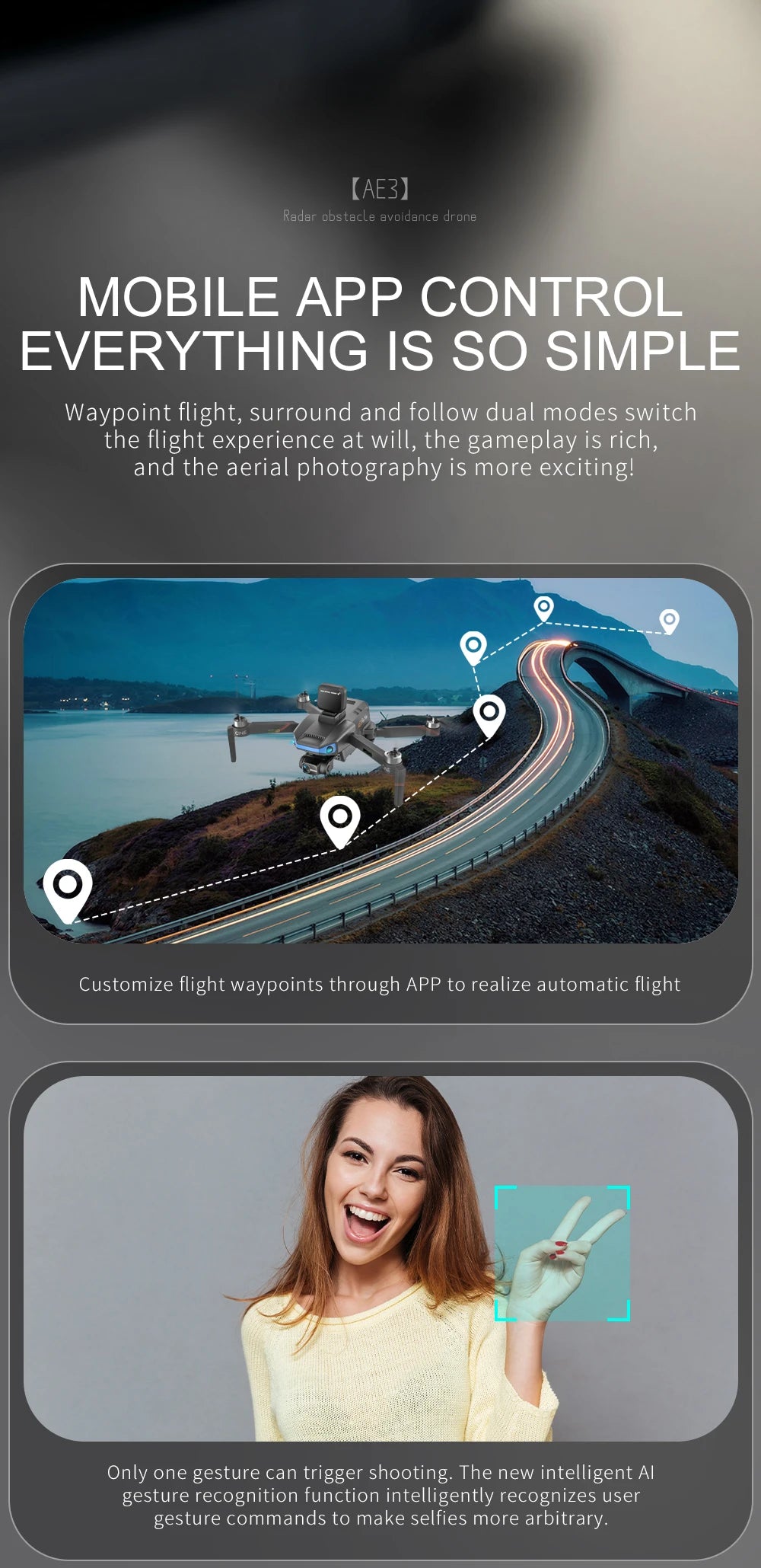 AE3 / AE3 PRO Max GPS Drone, the new intelligent Al gesture recognition function intelligently recognizes user gesture commands
