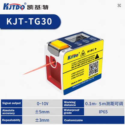 KJT TG30 Laserafstandssensor, 5 m bereik, 650 nm Klasse 1, 0–10 V/4–20 mA/RS485, IP65, 9–36 V, 1 kHz