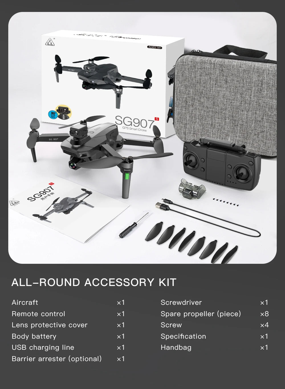 SG907S Drone - 4K HD GPS Auto-Return High Performance Obstacle Avoidance Long Range Remote Control Aircraft Plane Toy Professional Camera Drone 37 SG907S Drone, GPS ALL-ROUND ACCESSORY KIT Aircraft x1 Screwdrive