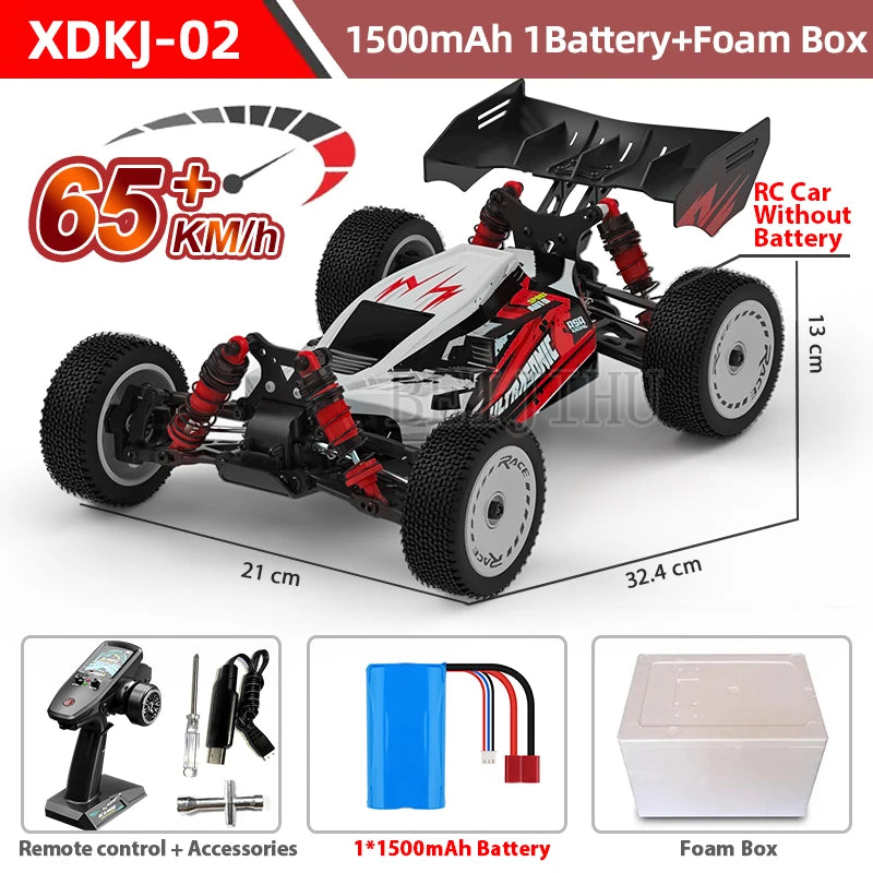 XDKJ-02 1500mAh battery, foam box, 65+ km/h speed, 2.4GHz, metal chassis, 4WD buggy with remote and accessories.