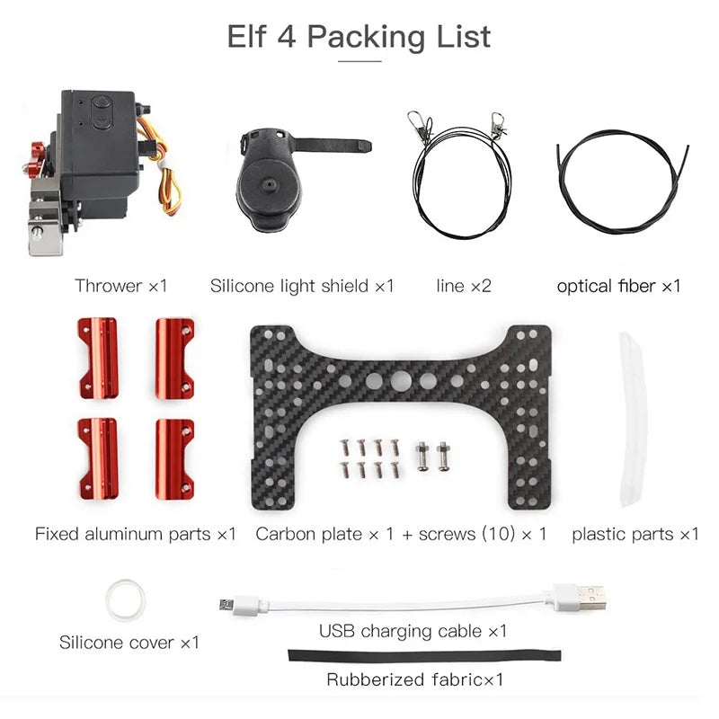 Drone Airdrop, Packaging contents for a drone or camera equipment kit, including various parts and accessories.