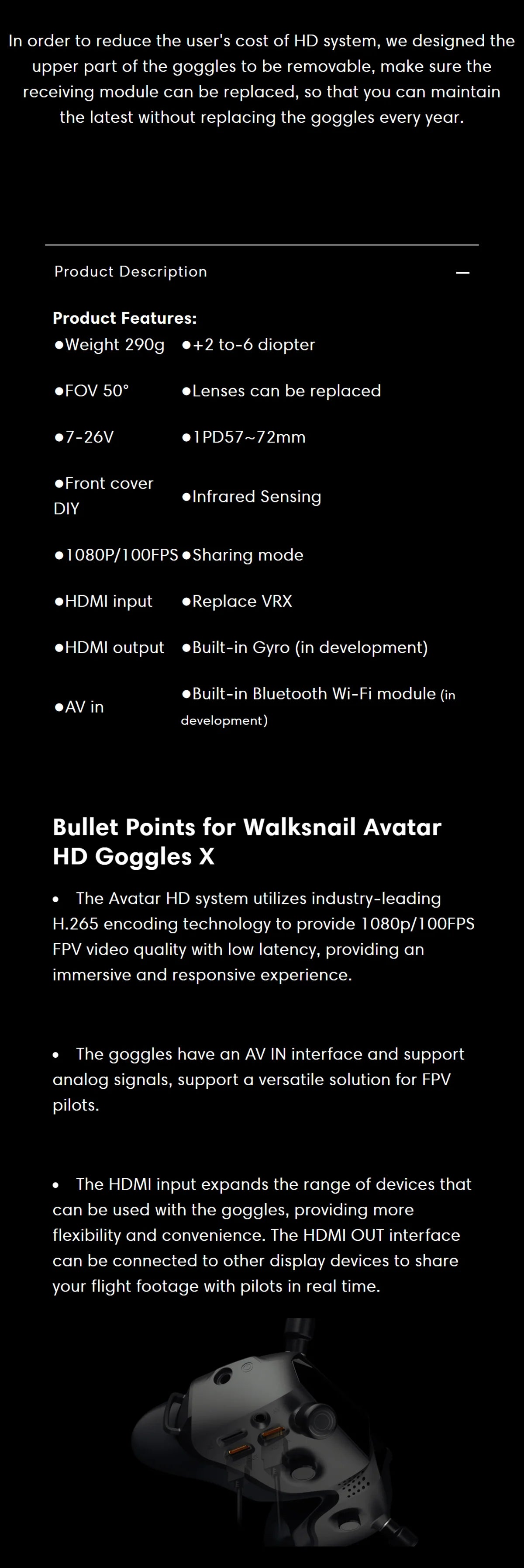 CADDX Walksnail Avatar HD Goggles X, the upper part of the goggles is removable, so that you can maintain the latest without