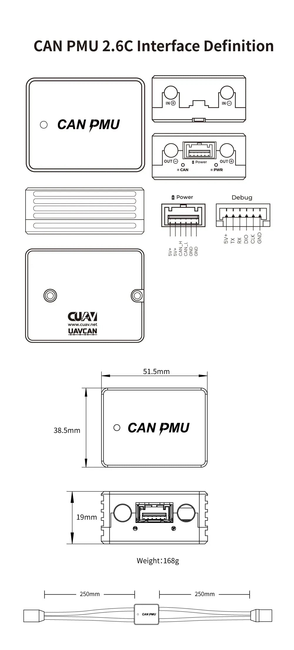 CUAV New PIX CAN PMU, CAN PMU 2.6C Interface Definition IN 0 INO Power out0 CAN