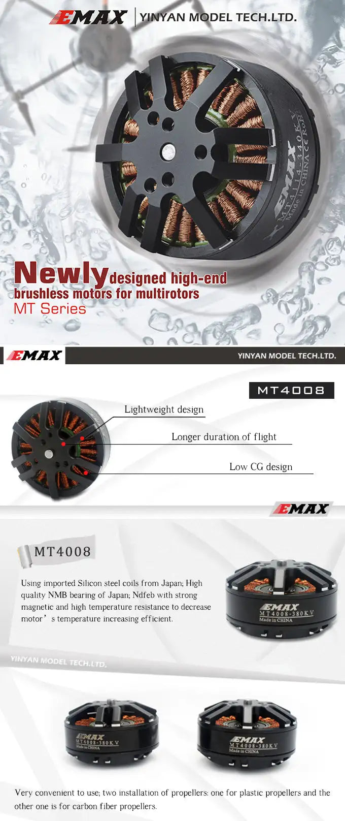 MT4008 380KV 470KV 600KV (CW CCW Thread) Brushless Motor For Multirotors 3 high-end brushless motors for multirotors . EMAX MT
