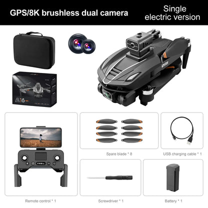 A16 PRO Drone, GPSI8K brushless dual camera Single electric version 2= Spare blade USB charging cable