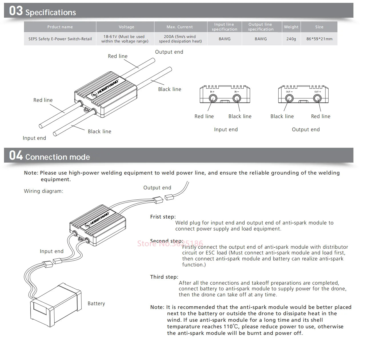 Hobbywing SEPS Safety E-Power Switch, anti-spark module would be better placed next to the battery or outside the drone to dis