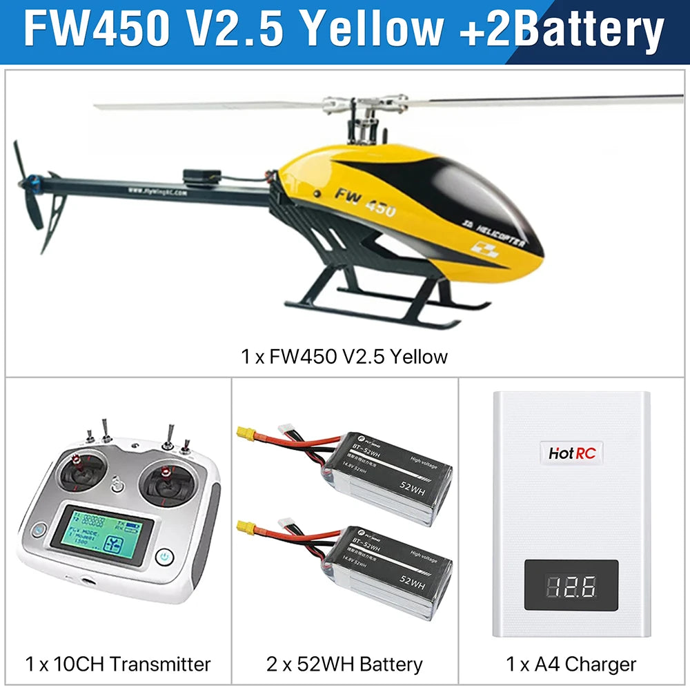 Fly Wing FW450L V2.5 RC Helicopters, FW450 V2.5 Yellow +2Battery 1x FW45O V2.5