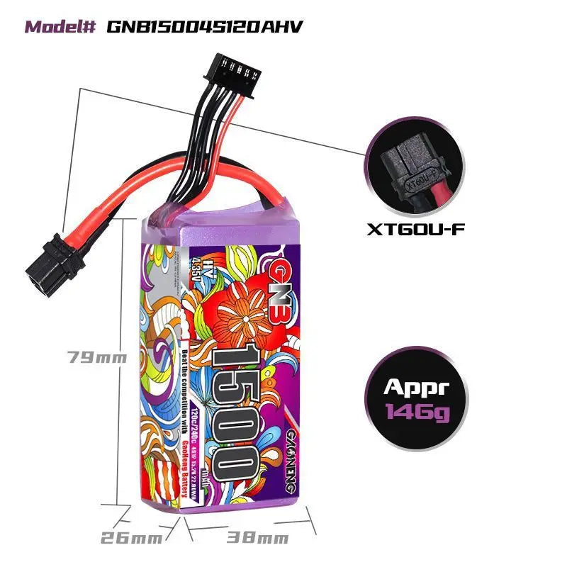 Lithium-ion battery for drones, 15.2V, 4S, 1500mAh capacity, and high discharge rate capabilities.