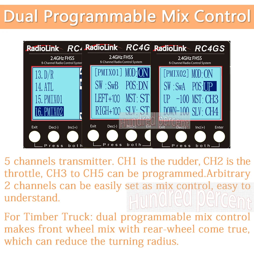 RadioLink RC4GS V3, dual programmable mix control makes front wheel mix with rear-wheel come true . 