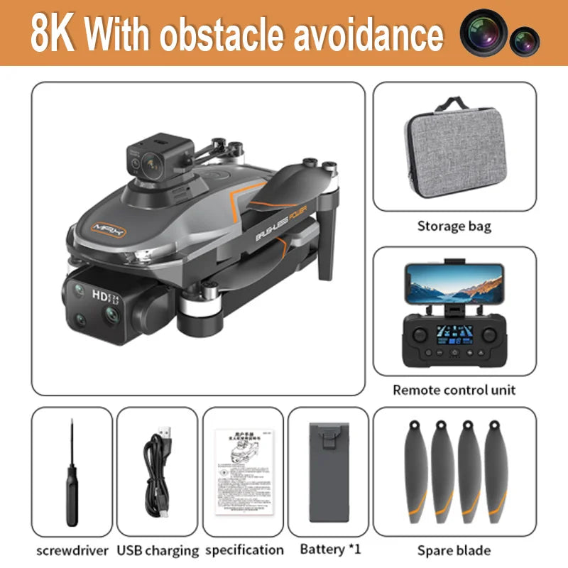 A22 Drone, 8K camera with obstacle avoidance features, including storage, remote control unit, screwdriver, USB charging, and battery.