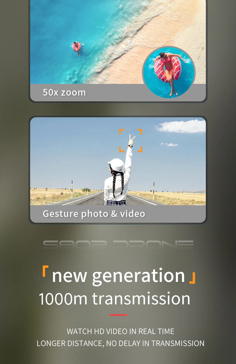 S802 Pro Drone, 50x zoom Gesture photo & video 45 9 new generation 10OOm transmission W