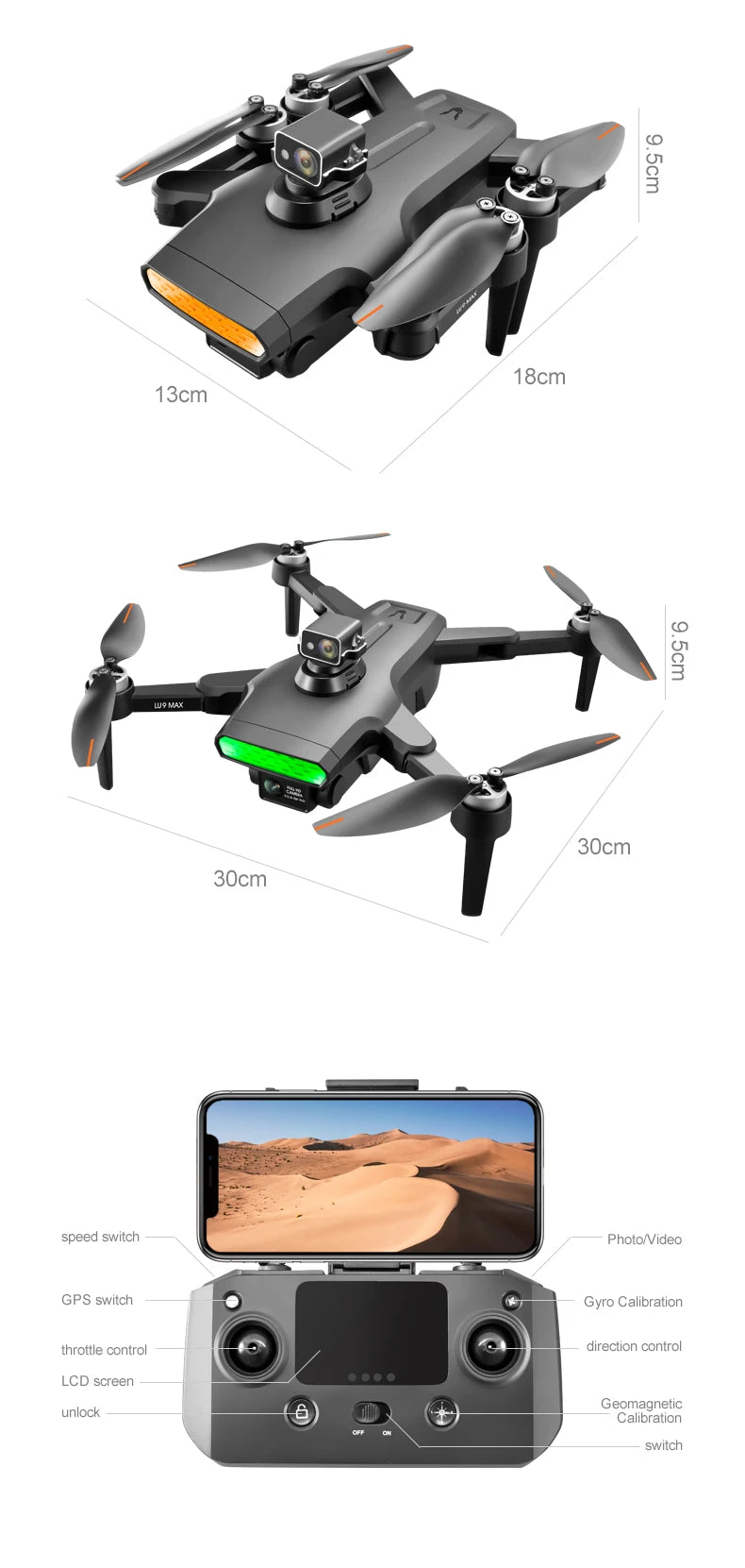 LU9 Max GPS Drone, GPS switch Gyro Calibration throttle control direction control LCD screen Geomagnetic unlock