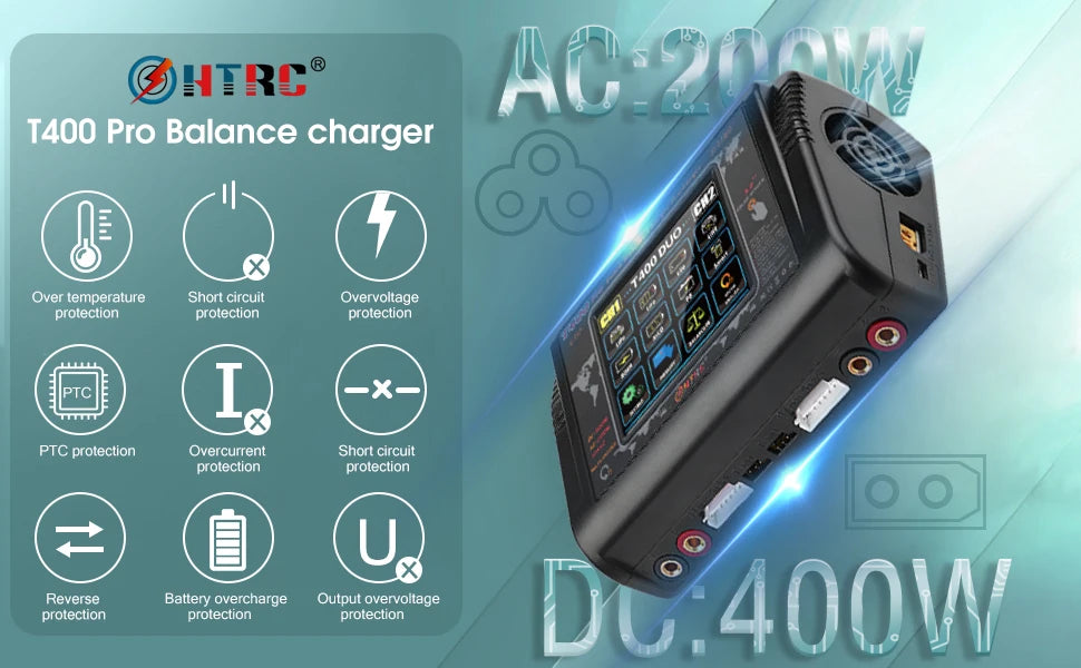 HTRC T400 Pro RC Lipo Charger, HTRC Ac.2ai T400 Pro Balance charger Over temperature Short circuit Overvolt