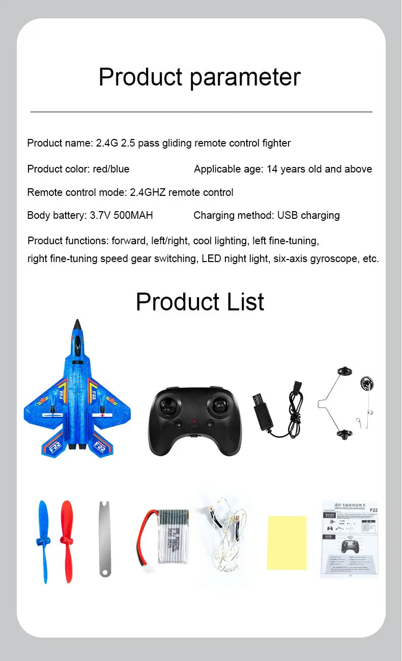 F22 Rc Plane, 2.4G 2.5 pass gliding remote control fighter . battery: 3.7V