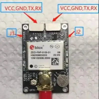 ZED-F9P-01B-01 GNSS Board (u-blox) RTK GPS, u-blox ZED-F9P-01B-01 GNSS RTK board with SMA antenna connector, coin cell, and VCC/GND/TX/RX pin headers