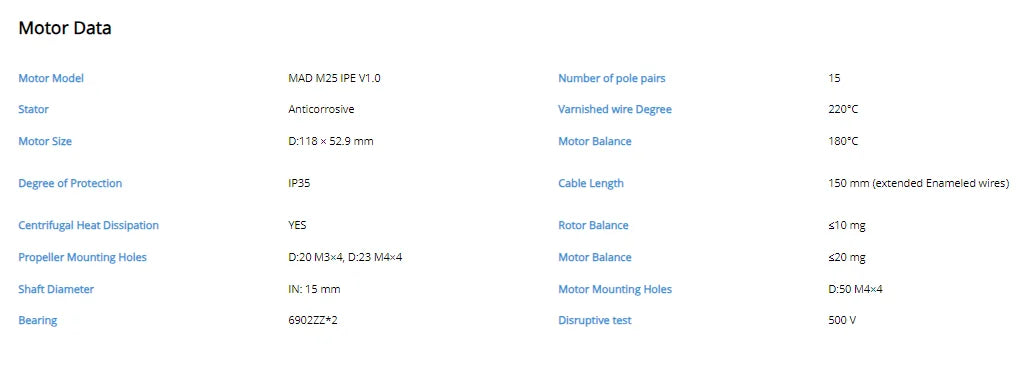 MAD M25 IPE Drone Motor, Motor specifications, including dimensions, temperature range, and features like heat dissipation and propeller mounting holes.