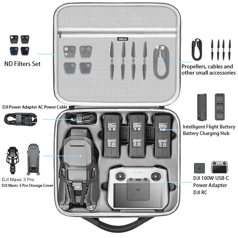 STARTRC Travel Handbag, STARTRC case for DJI Mavic 3 Pro fits drone, batteries, charger, remote, filters, props, and accessories—compact, protective, travel-ready.