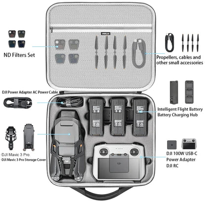 STARTRC Travel Handbag, STARTRC case for DJI Mavic 3 Pro fits drone, batteries, charger, remote, filters, props, and accessories—compact, protective, travel-ready.