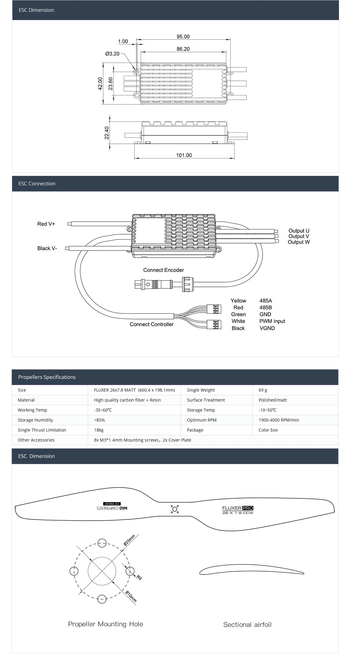 Electronic feathering propulsion system specifications, including dimensions, connections, propellers, and temperature/humidity ranges.