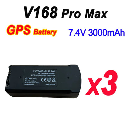 Original V168 Drone Battery, Original drone battery with 7.4V and 3000mAh capacity, rechargeable with caution to avoid overcharging.