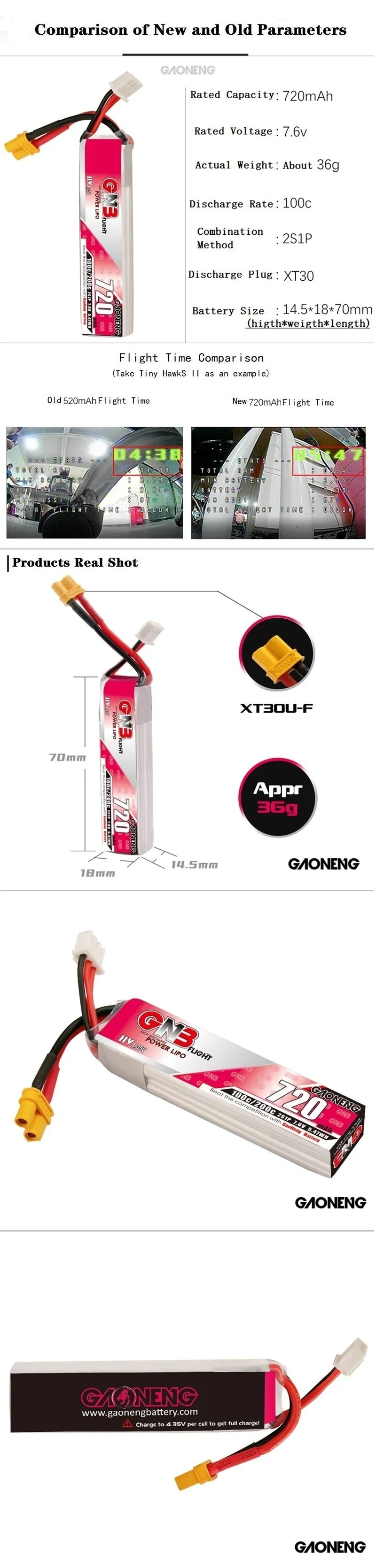 对比详情页模板中文2222.jpg Lipo Battery for FPV Drone with 720mAh capacity, 7.6v voltage, and 36g weight.