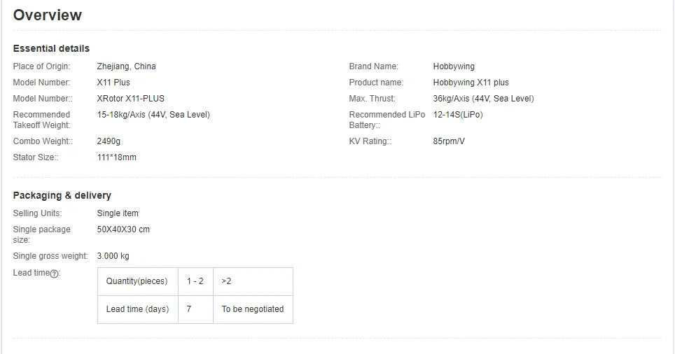 Hobbywing XRotor X11 PLUS Motor, Hoboywing Model Number X11 plus Product name- XRotor