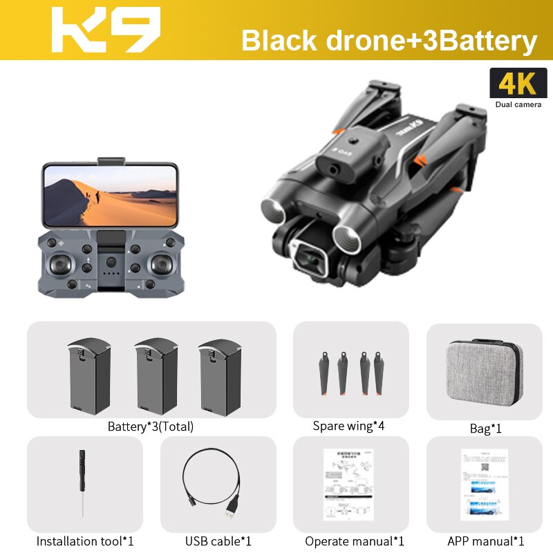K9 RC Drone, KD Black drone+3Battery 4K Dual camera Battery