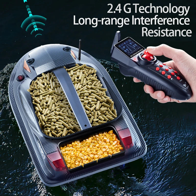 HJ817 RC Fishing Boat, HJ817 RC fishing boat with GPS auto-return, 500m range, 12V battery, 3-hopper bait system and dual motors.