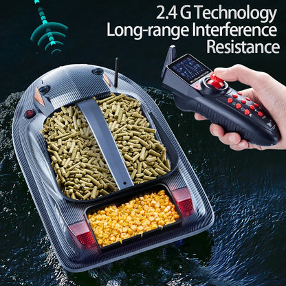 HJ817 RC Fishing Boat, HJ817 RC fishing boat with GPS auto-return, 500m range, 12V battery, 3-hopper bait system and dual motors.