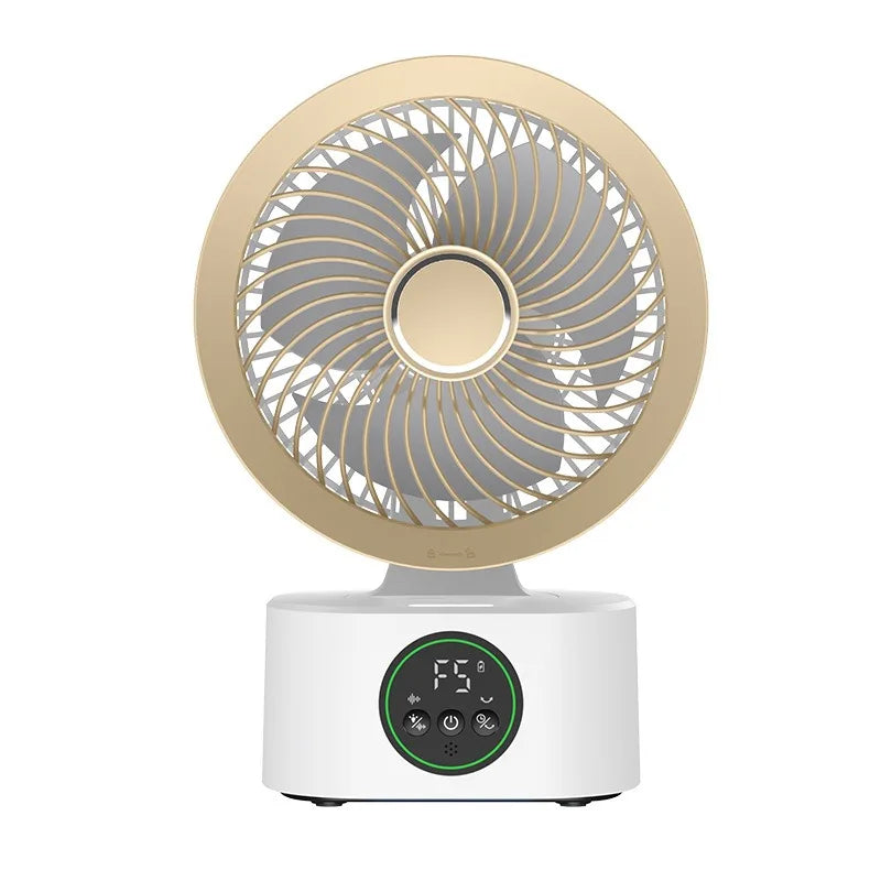 Portable wall-hanging circulator fan, front view with LED control display and gold grille