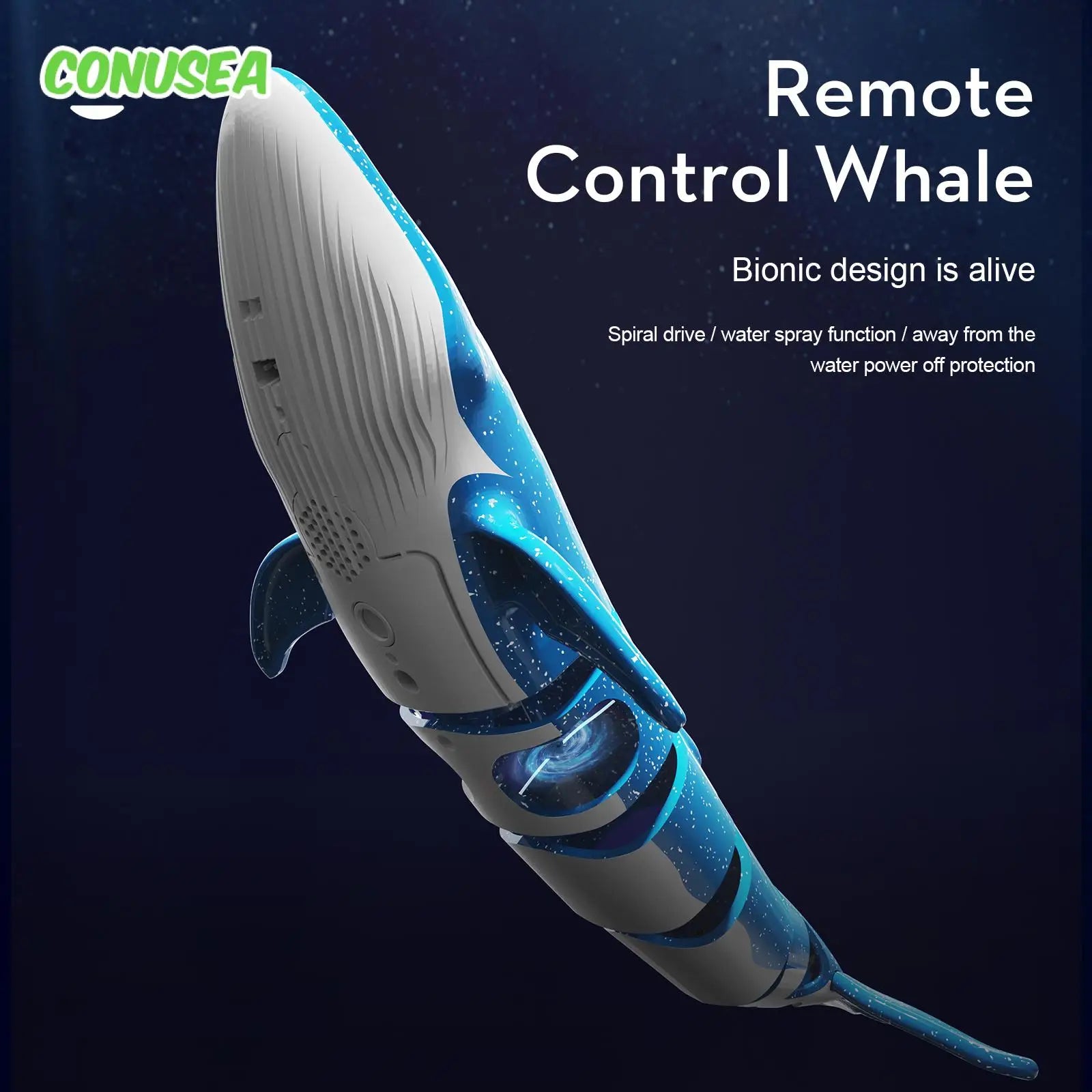 COMUSEA RC Submarine features bionic design, spiral drive, dual prop spray function, and 27/40MHz frequency.