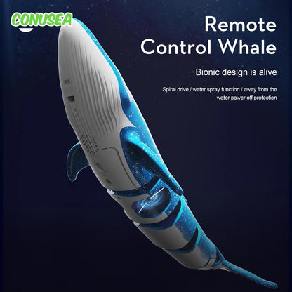 COMUSEA RC Submarine features bionic design, spiral drive, dual prop spray function, and 27/40MHz frequency.
